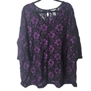 Catherines 2X Purple Lace Floral Top 3/4 Sleeve Sheer Mesh Scoop Neck Romantic‎